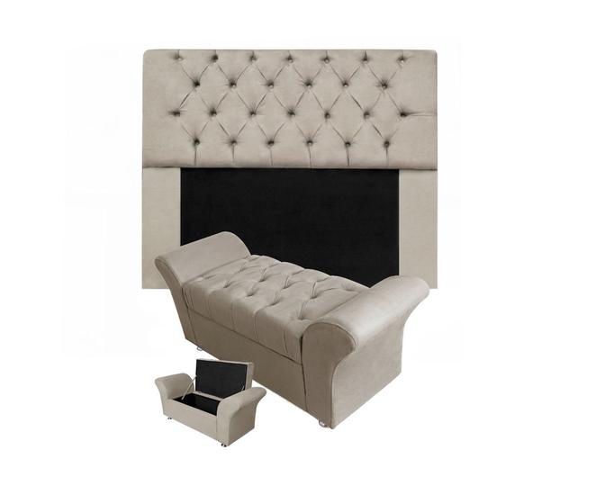 Imagem de Conjunto Cabeceira Mirage e Calçadeira Baú Veneza Queen 160 cm Suede Bege - DL Decor