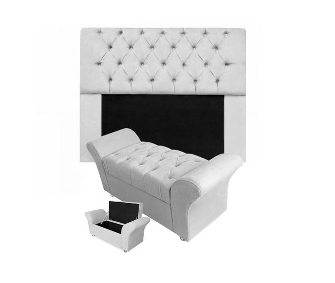 Imagem de Conjunto Cabeceira Mirage e Calçadeira Baú Veneza Queen 160 cm Suede Branco - LM DECOR