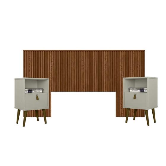 Imagem de Conjunto Cabeceira Queen Laranjeiras Freijó com Frame e Duas Mesas de Cabeceiras Búzios com Gaveta Off White Linea 