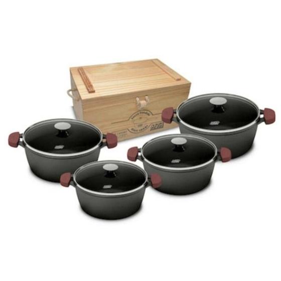 Conjunto Caçarolas de Ferro Fundido 4 Peças + Caixa de Madeira MTA Panelas Menor preço em Conjunto Caçarolas de Ferro Fundido 4 Peças + Caixa de Madeira MTA Panelas