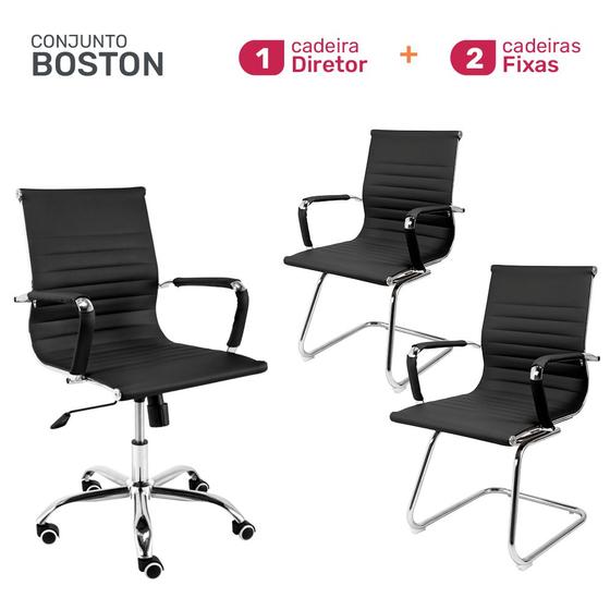 Imagem de Conjunto Cadeiras de Escritório Moob Boston 1 Cadeira Diretor e 2 Cadeiras Executivas Base Fixa Esteirinha Preta