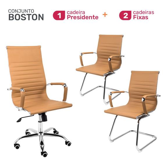 Imagem de Conjunto Cadeiras de Escritório Moob Boston 1 Cadeira Presidente Giratória e 2 Cadeiras Executivas Base Fixa Esteirinha Caramelo