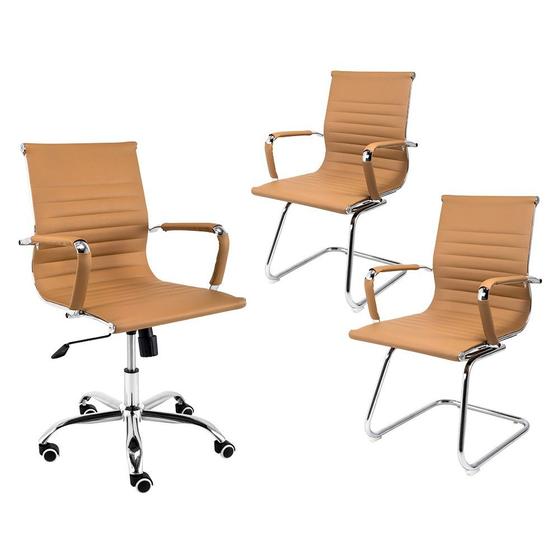 Imagem de Conjunto Cadeiras De Escritório Moob Boston 2 Cadeiras Executivas Base Fixa E 1 Cadeira Diretor Giratória Caramelo