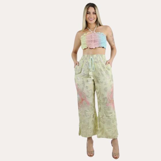 Imagem de Conjunto Calça Crepe Bordada Lurex Cropped Crochê