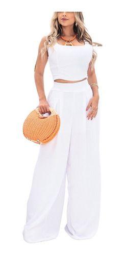 Imagem de Conjunto Calça Estilo Flare Pantalona E Cropped Com Bojo Básico Casual Moderno Estiloso