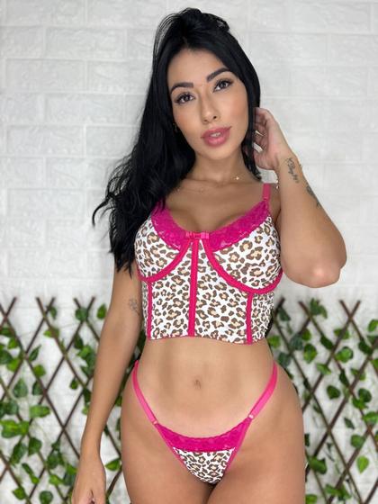 Imagem de Conjunto Calcinha e Sutiã  Cropped Estampa Oncinha Detalhe Renda com Aro Sem Bojo Lingerie Sexy