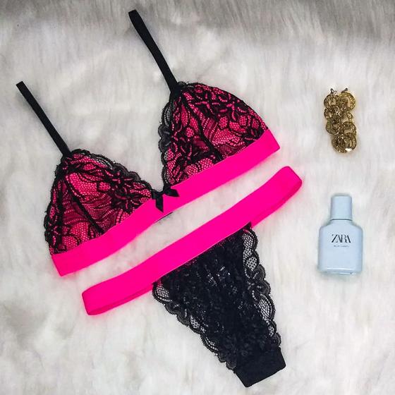 Imagem de Conjunto Calcinha e Sutiã em Renda sem bojo com Elástico Neon