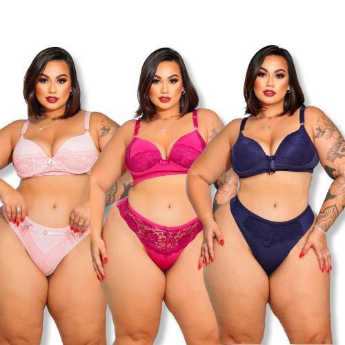 Imagem de Conjunto Calcinha e Sutiã Plus Size Fio Dental Renda Com Bojo