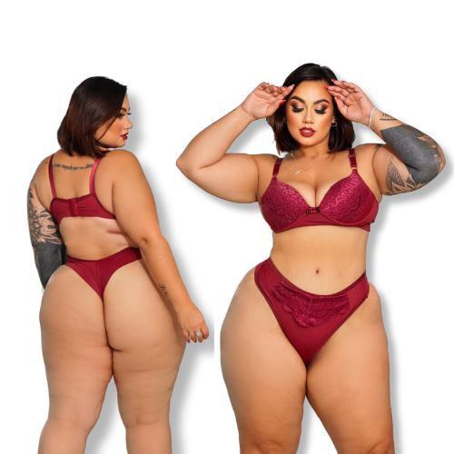 Imagem de Conjunto Calcinha e Sutiã Plus Size Fio Dental Renda Com Bojo