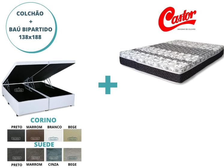 Imagem de Conjunto Cama Box Baú Bipartido + Colchão Castor Molas Class 138x188x66( Ideal para Locais sem passagem , como Escadas , Corredores e Elevadores)