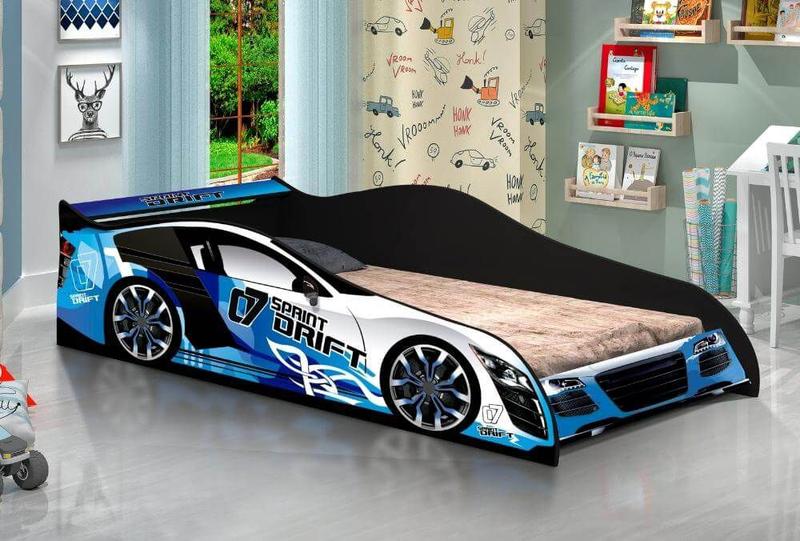 Imagem de Conjunto Cama Carro Azul Drift Solteiro + Colchão D20 88cm