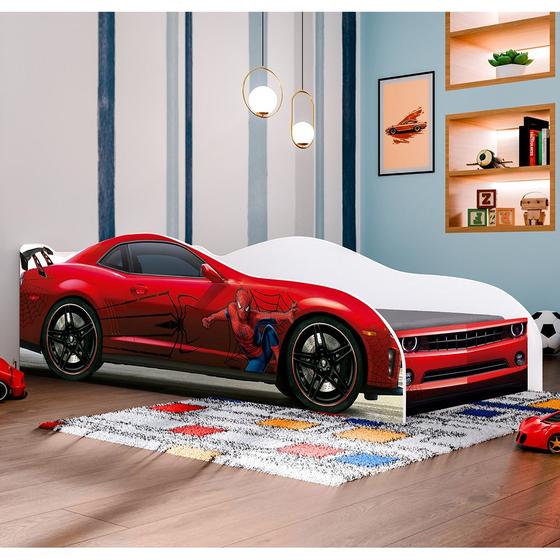 Imagem de Conjunto Cama Carro Infantil Aranha Personagens Mdf com Colchão - Vermelho