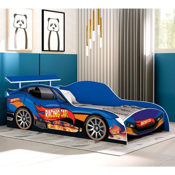 Imagem de Conjunto Cama Carro Solteiro Racing Car com Colchão Mdf - Azul