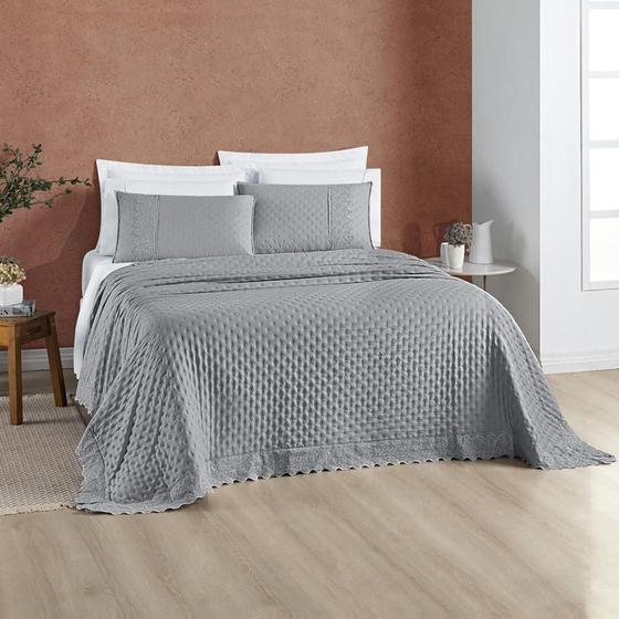 Imagem de Conjunto Cama Casal Queen Bordado Inglês 200 Fios Cinza