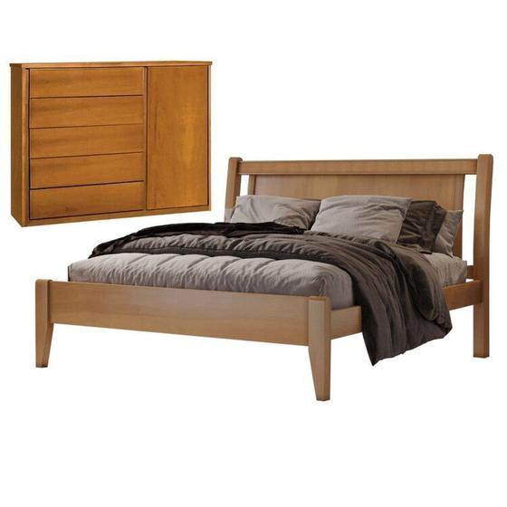 Imagem de Conjunto Cama de Casal em Madeira Maciça 140cm Florença e Cômoda 5 Gavetas com Sapateira Unique