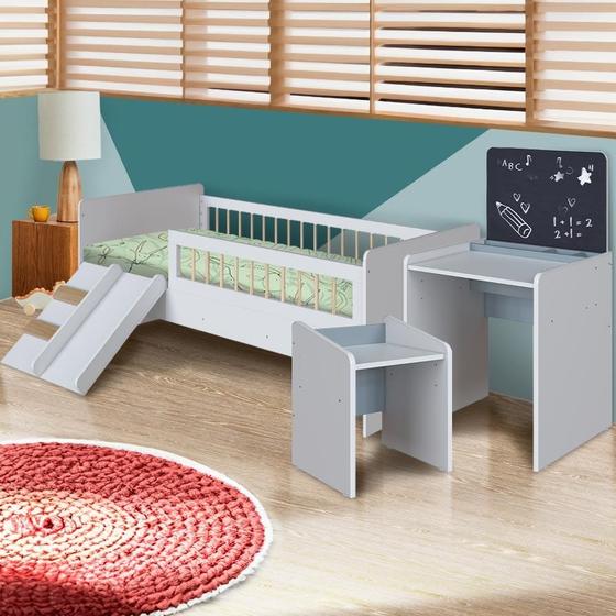 Imagem de Conjunto Cama Montessoriana Com Colchão Ortobom E Escolinha Infantil Branco Azul Melvin Shop Jm