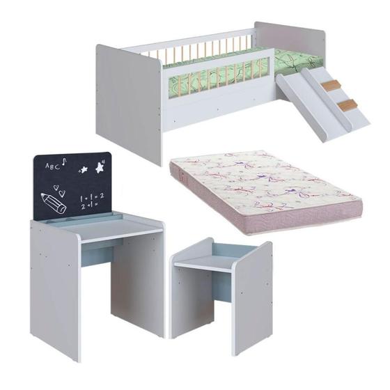 Imagem de Conjunto Cama Montessoriana E Colchão Ortobom Com Mesinha Com Lousa E Cadeirinha Infantil Branco Azul Cassian Shop Jm