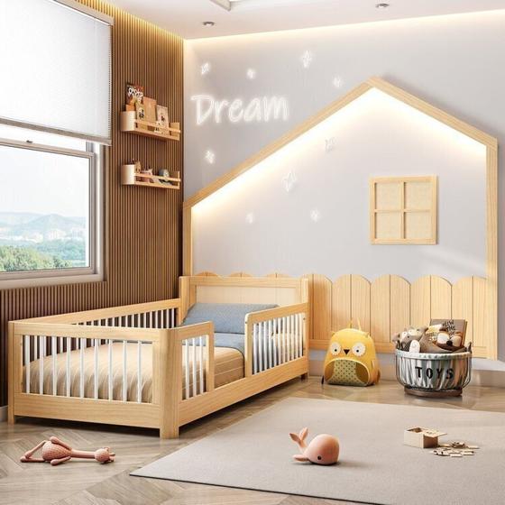 Imagem de Conjunto Cama Solteiro Montessoriana Wave com Palito e Moldura com Led Dream Decor Casatema