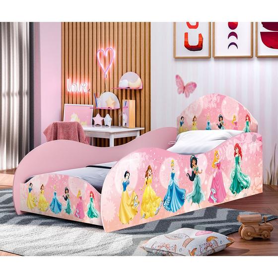 Imagem de Conjunto Cama Solteiro Princesas com Proteção Lateral com Colchão Mdf - Rosa