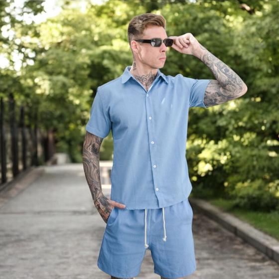 Imagem de Conjunto Camisa Linho Masculino Linho botão Bermuda Linho