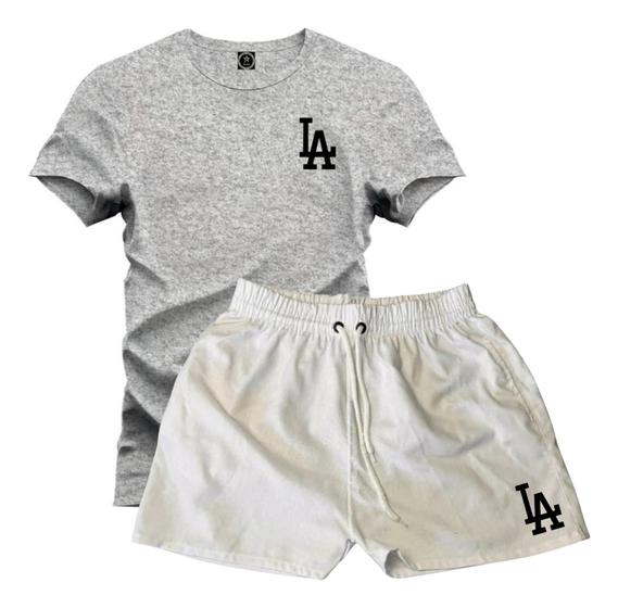 Imagem de Conjunto Camiseta Algodão L.a 8 Cores + Short Linho Branco