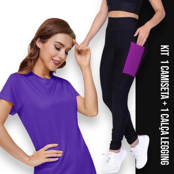 Imagem de Conjunto camiseta Blusinha DRY FIT + Calça LEGGING BOLSOS Femininos Academia Fitness Furadinho 628