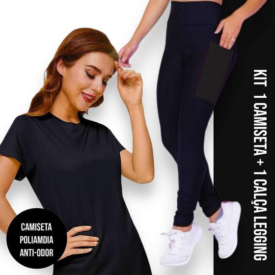 Imagem de Conjunto camiseta Blusinha DRY FIT MALHA FRIA POLIAMIDA + Calça LEGGING BOLSOS Academia Fitnes 534