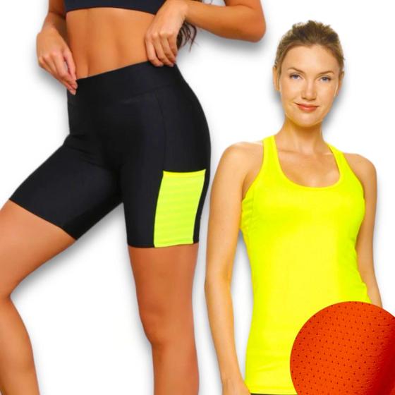 Imagem de Conjunto Camiseta REGATA MALHA FRIA POLIAMIDA + Short BOLSO Legging Leg Academia Corrida 553