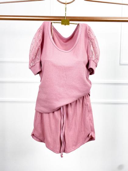 Imagem de Conjunto canelado feminino short e blusa manga curta tule gola rasa