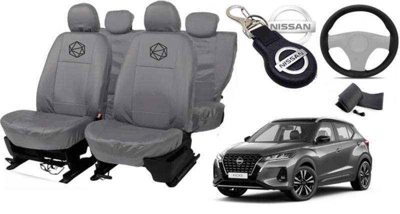 Imagem de Conjunto capa couro cinza Nissan Kicks 20-24 + volante + chaveiro