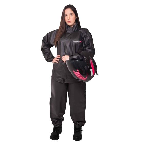 Imagem de Conjunto Capa de Chuva Pvc M Combate c/ Gola Feminina Preto Refletiva Resistente Zíper Pioneira 2900-F-PRE-M