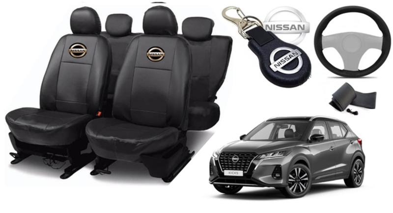 Imagem de Conjunto Capas de Couro Nissan Kicks 2020 + Capa de Volante + Chaveiro Nissan