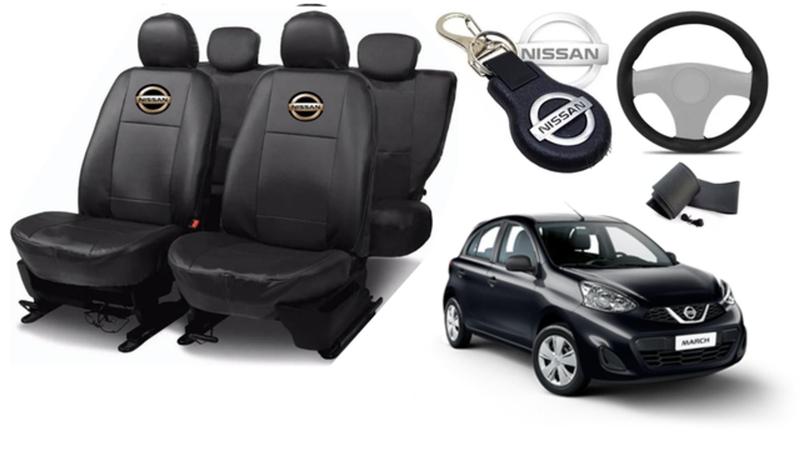 Imagem de Conjunto Capas de Couro Nissan March 2016-2017 + Capa de Volante + Chaveiro Nissan