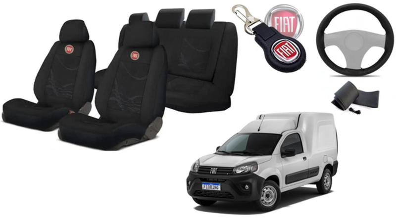 Imagem de Conjunto Capas Tecido Assentos Fiat Fiorino '14-'23 + Volante + Chaveiro - Personalização Completa