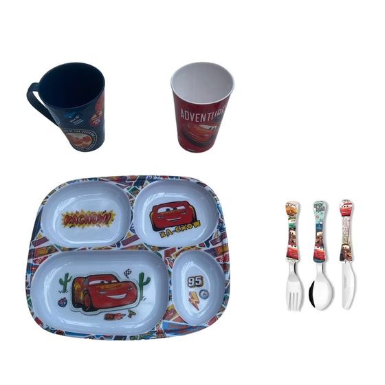 Imagem de Conjunto Carros, prato divisoria, caneca Copo, talheres - NT