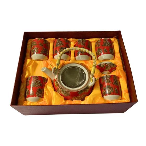 Imagem de Conjunto Chá Com 6 Xicaras 1 bule 7pc Cermica Vermelho abstrato