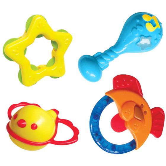 Imagem de Conjunto Chocalhos Infantil Para Bebê +3 Meses Com 4 Brinquedos Com Formas e Texturas Diferentes Buba