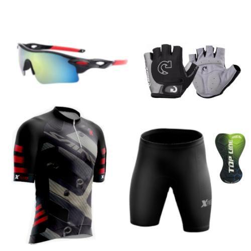 Imagem de Conjunto Ciclismo Camisa + Bermuda C/ Forro Gel + Óculos De Proteção + Luvas Gel