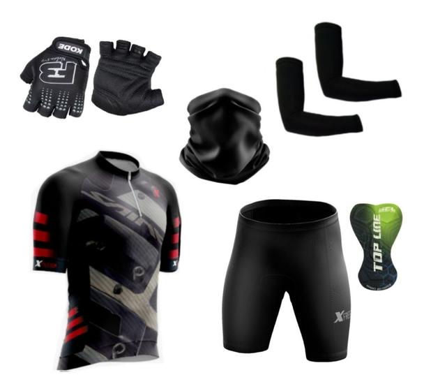 Imagem de Conjunto Ciclismo Camisa C/ Proteção UV e Bermuda C/ Proteção em Gel + Par de Luvas Kode + Par de Manguitos + Bandana