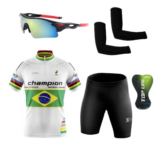 Imagem de Conjunto Ciclismo Camisa C/ Proteção UV e Bermuda C/ Proteção UV + Óculos Esportivo Espelhado + Par de Manguitos
