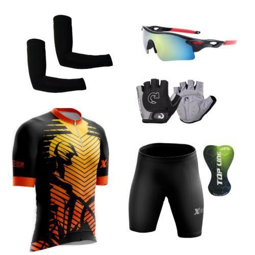 Imagem de Conjunto Ciclismo Camisa C/ Proteção UV e Bermuda em Gel + Luvas Ciclismo + Óculos Esportivo + Manguito