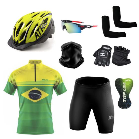 Imagem de Conjunto Ciclismo Camisa e Bermuda + Capacete de Ciclismo C/ Luz LED + Luvas de Ciclismo + Óculos Esportivo +  Par de Manguitos + Bandana