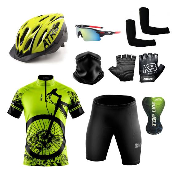 Imagem de Conjunto Ciclismo Camisa e Bermuda + Capacete de Ciclismo C/ Luz LED + Luvas de Ciclismo + Óculos Esportivo +  Par de Manguitos + Bandana