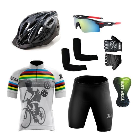 Imagem de Conjunto Ciclismo Camisa e Bermuda + Capacete de Ciclismo C/ Luz LED + Luvas de Ciclismo + Óculos Esportivo +  Par de Manguitos