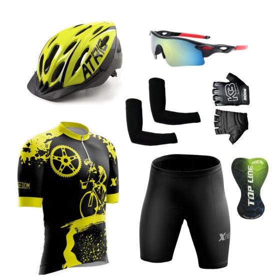 Imagem de Conjunto Ciclismo Camisa e Bermuda + Capacete de Ciclismo C/ Luz LED + Luvas de Ciclismo + Óculos Esportivo +  Par de Manguitos