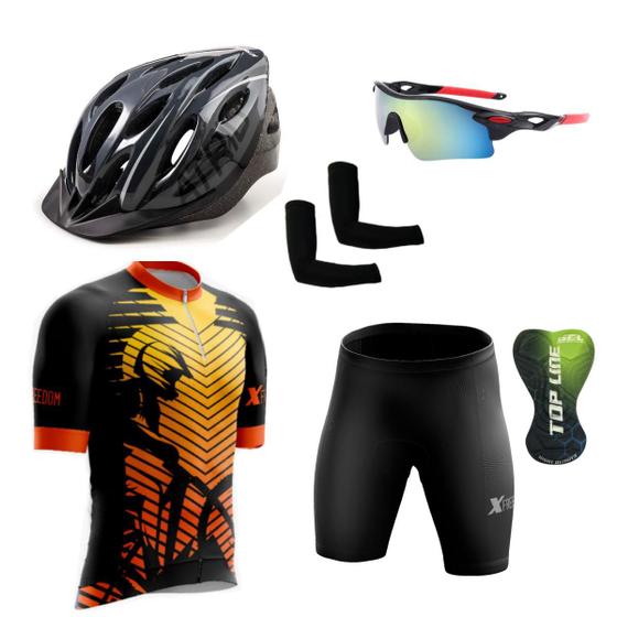 Imagem de Conjunto Ciclismo Camisa e Bermuda + Capacete de Ciclismo C/ Luz LED + Óculos Esportivo +  Par de Manguitos