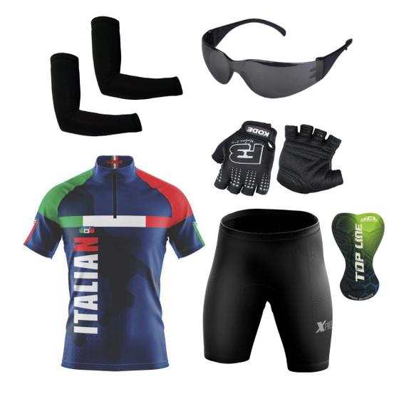 Imagem de Conjunto Ciclismo Camisa e Bermuda + Par de Luvas + Óculos de Proteção + Par de Manguitos