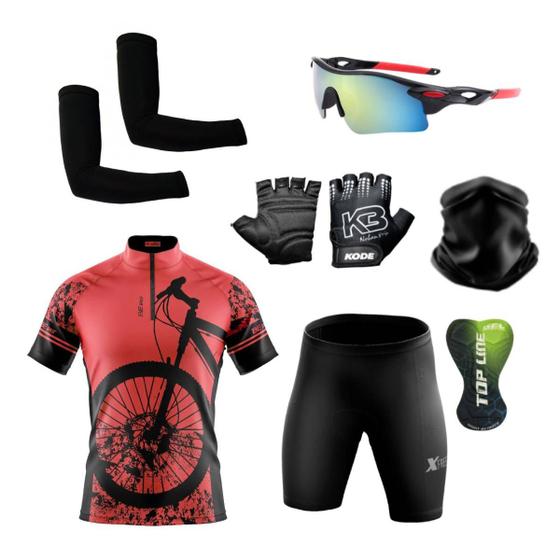 Imagem de Conjunto Ciclismo Camisa e Bermuda +Par de Luvas + Óculos Esportivo +  Par de Manguitos + Bandana