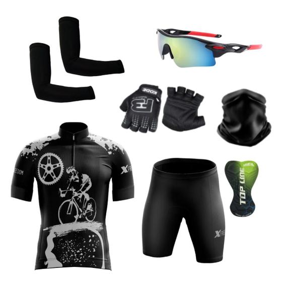 Imagem de Conjunto Ciclismo Camisa e Bermuda + Par de Luvas + Óculos Esportivo +  Par de Manguitos + Bandana