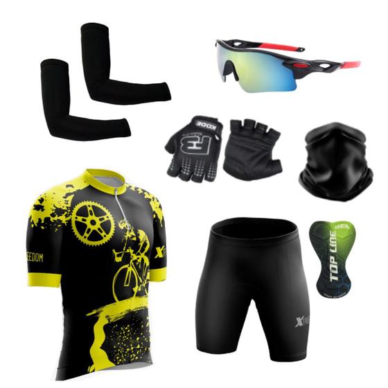 Imagem de Conjunto Ciclismo Camisa e Bermuda + Par de Luvas + Óculos Esportivo +  Par de Manguitos + Bandana